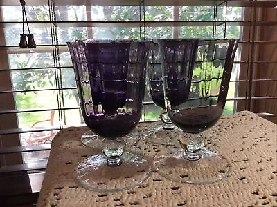 4 Vintage Crystal Amethyst Optic Paneled 12 Oz Goblets Glasses • $22.49