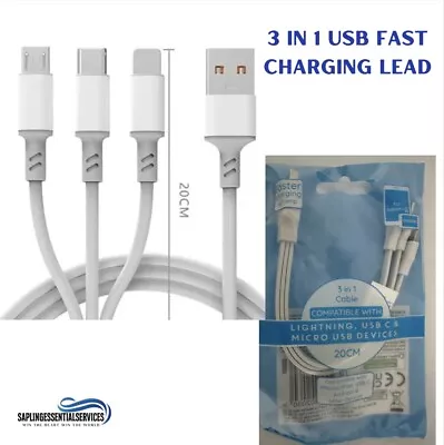 3 In 1 Fast Charging Cable Micro USB Type-C For Iphone Android Tablets • £2.99