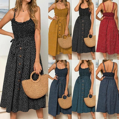 £11.89 • Buy Women Holiday Strappy Polka Dot Midi Dress Ladies Summer Beach Sundress Party