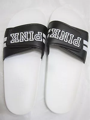 MEDIUM Victoria Secret Pink WHITE BLACK Crossover SLIDES SANDALS FLIP FLOP M 7-8 • $49.99