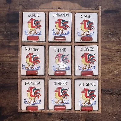 Vintage 1950s Ceramic Spice Rack Japan Rooster  Fred Roberts Co Set Of 9 • $26.95