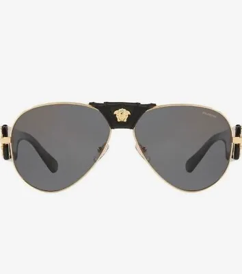 Versace Men’s Leather & Metal Medusa Head Aviator Sunglasses Black/Gold • $110