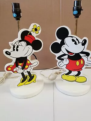 Vintage Mickey And Minnie Mouse Classic Disney White Painted Wooden Table Lamps  • $40