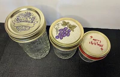 Vintage Quilted Glass Mason Jars With Lids 2 Cross Stitched Needle Point Ball • $14.99