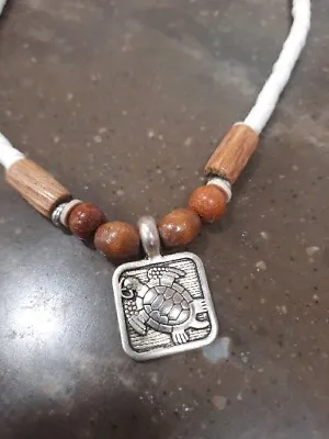 Vintage Hawaiian Wood Bead And Shell Necklace 18  Turtle Tortoise Pendant Unisex • $18