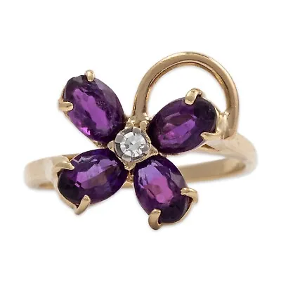 Vintage 14k Yellow Gold 2cttw Amethyst Diamond Flower / Clover Ring 6.25 • $399.50