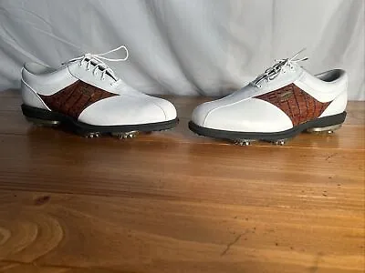New FootJoy OptiFlex Mens 10M Golf Shoes Gator Leather White Brown DryJoys • $67.50