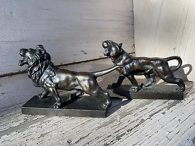 Lion Tiger Lioness Big Cat Bookends Pompeian Bronze Ca 1920 Book Ends Herzel ? • $239