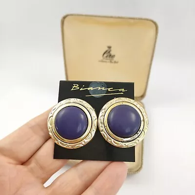 Vintage 80s 90s Blue Lucite Plastic Cabochon Earrings Pierced Gold Colour • £3.99