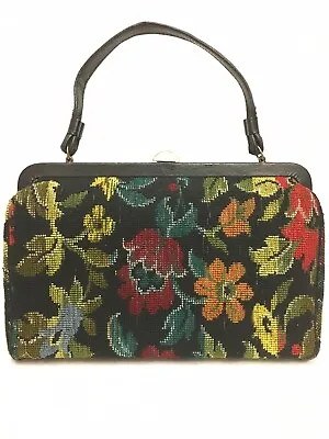 Vintage Carpet Bag Needlepoint Tapestry Structured Satchel Large Floral Black • $74.99