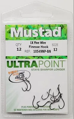 Mustad 10549NP-BN-12-12 Fine Wire 1X Finesse Salmon Steelhead Trout Hook #12 BLK • $1.99