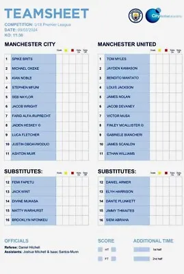 Man City FC U18 V Man Utd U18 Team Sheet • £3.99