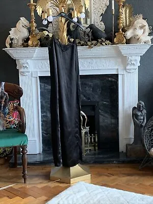 Motel Black Satin Look Lace Trim Slip Dress Large Side Split S • £15