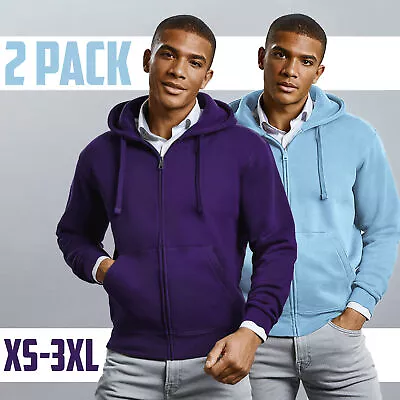 2 Pack Mens Hooded Zipped Sweatshirt Cotton Rich Plain Purple Blue Zip Up Hoodie • £13.99