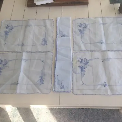 Set 4 Vintage Pale Blue Embroidered Linen Place Mats And Napkins Madeira • $17.99