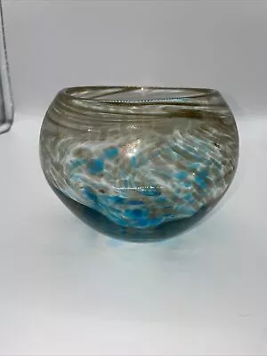 Viz Glass Inc Art Glass Globe Vase Hand Blown Art Glass 4.5”x6”Gold Teal Brown • $31.50