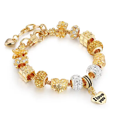 I Love You Gold Love Heart Charm Cubic Zircon Alloy Girl Ladies Woman Bracelet • £5.99