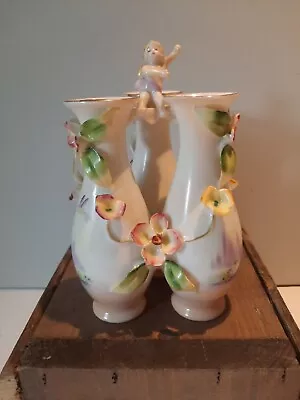 Vintage Porcelain Triple Bud Vase  With Cherub And Cloissone Flowers • $15