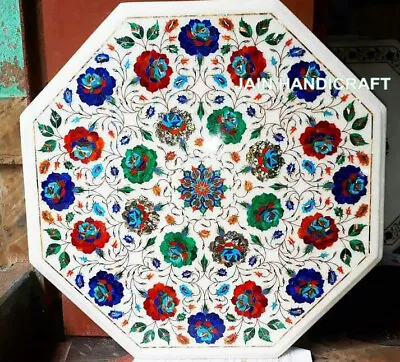 24'' White Marble Coffee Table Top Semi Precious Mosaic Floral Inlaid Hallway Dn • $869
