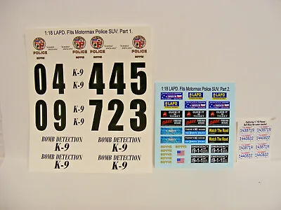 Los Angeles PD 1:18 Water Slide Decals Fits Motormax Police SUV • $11.49