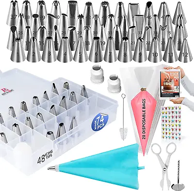 RFAQK 74 Pcs Piping Bags And Nozzles | Cake Decorating Kit-48 Numbered Icing Noz • £12.62