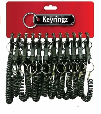 12 X  Black Retractable Spiral Stretchy Elasticated Coil Keyring Key Chain Ring • £10.89