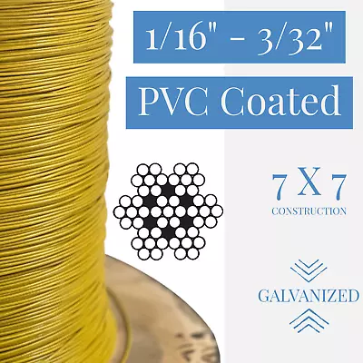 1/16  To 3/32  PVC Coated Yellow Color Galvanized Cable 7x7 Strand Aircraft Cabl • $14.25