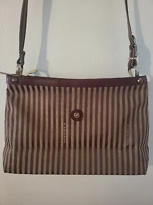 John Romain Crossbody Handbag Striped Fabric Taupe Leather Vintage Made In USA • $45