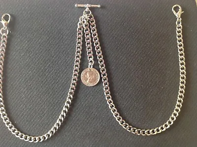 £7.99 • Buy  Double Albert Pocket Watch Chain With  Lucky  ER II Sixpence Fob,silver Colour