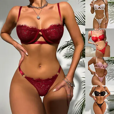 Women Sexy Lace Bra Set G-String Thong Mesh Sheer Underwear Nightwear Lingerie • £2.69