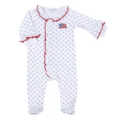 Magnolia Baby Girls VINTAGE RED WHITE & BLUE EMB Ruffle Footie Size PREEMIE NEW • $25