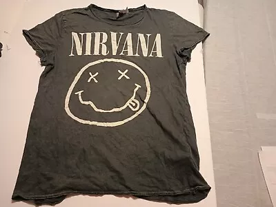 Nirvana Band Smiley Face Shirt Womens Medium Gray Music Rock H&M RetroY2k 2016 • £15.44