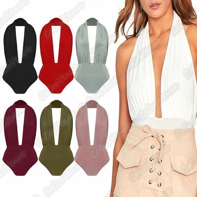 £7.95 • Buy New Ladies Halter Neck Plain Backless Slinky Bodysuit Leotard Stretch Plunge Top