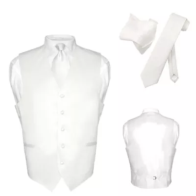 Men's Dress Vest NeckTie Hanky Solid WHITE Color Neck Tie Set For Suit Tuxedo L • $24.95