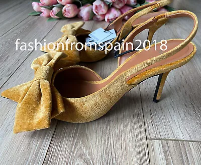 Zara New Woman Velvet Slingback Shoes With Bow Mustard Yellow 35-42 1226/310 • $77.77