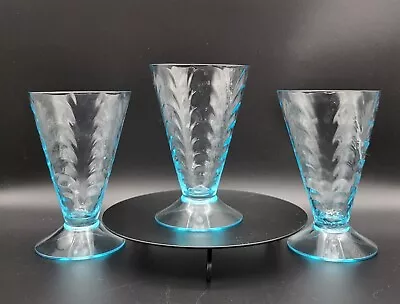 3 Morgantown Crystal Aquamarine Palm Optic Vintage Water Goblets 1921-1937 EUC • $20