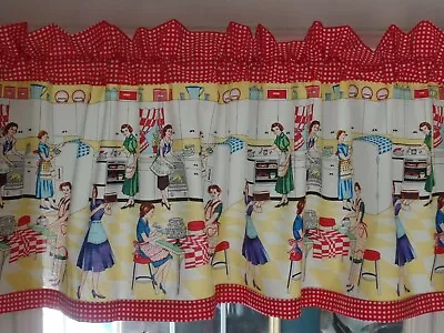 1950's RETRO Kitchen Valances  Home Ec  Women Working In Aprons In Kitchen Red • $22.99