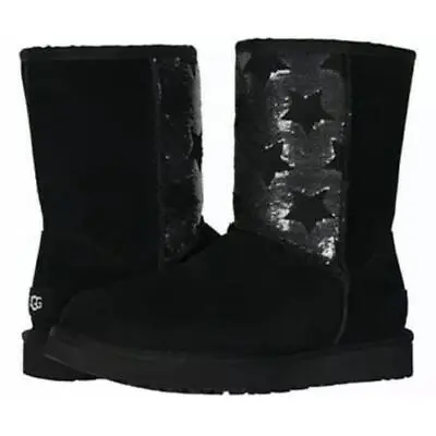 Ugg Classic Short Sequin Stars Sparkle Black Womens Sheepskin Bling Boots Size 7 • $139.95