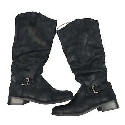 Tall Black Boots Women 8.5 Faux Leather Suede Zip Calf Stretch Mossimo NEW • $15