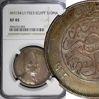 Egypt Fuad I Silver AH1341/1923 10 Piastres NGC XF45 Toned KM# 337 (003) • $100