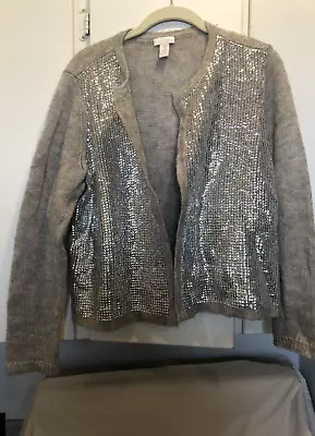 Chicos Sz 2Sequin Mohair Woolblend Open-Style Cardigan Sweater Jacket Gray/Taup • $22