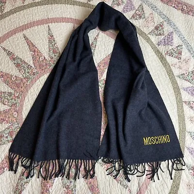 Moschino Wool Scarf Dark Gray Made In Italy Large Yellow Embroidered Logo • $34.89