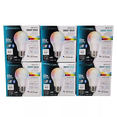 EcoSmart 8.5W Smart WiFi A19 Color Changing LED Lightbulb 800 Lm (6 Pack) • $29.99