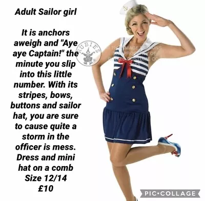 Anchors Away Sailor Ladies Nautical Fancy Dress Costume Size 12-14 Dress & Hat • £10