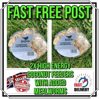 2x Premium Half Coconut Fat Feeder High Energy Wild Bird Feed Suet + Mealworms • £6.49