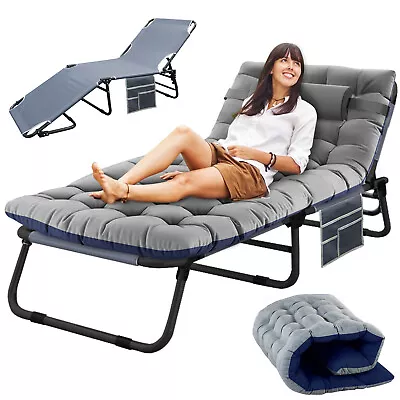 Folding Reclining Cot Outdoor Beach Patio Chaise Lounge Chair Pool With Blue Pad • $98