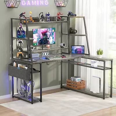 L Shaped Gaming Desk With Hutch & Shelves 47'' Computer Desk With LED & Outlets • $160.55