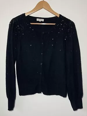 MONSOON Women’s Black Angora Mix Cardigan With Star Sequins Size M Rabbit Hair • £19.99