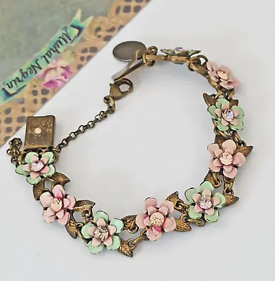 Michal Negrin Bracelet Flowers Shabby Chic Romantic Pastel Pink Green Crystals • $78.40