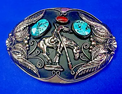 End Of The Trail Turquoise Coral ART Native American Indian Vintage Belt Buckle • $145